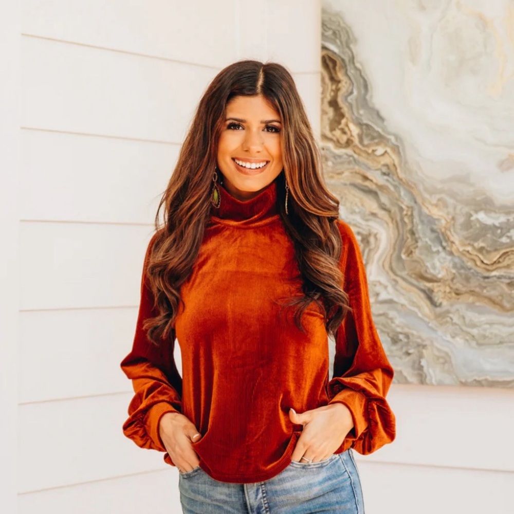 Grace & Emma Love and Cherish Velvet Turtleneck in Rust